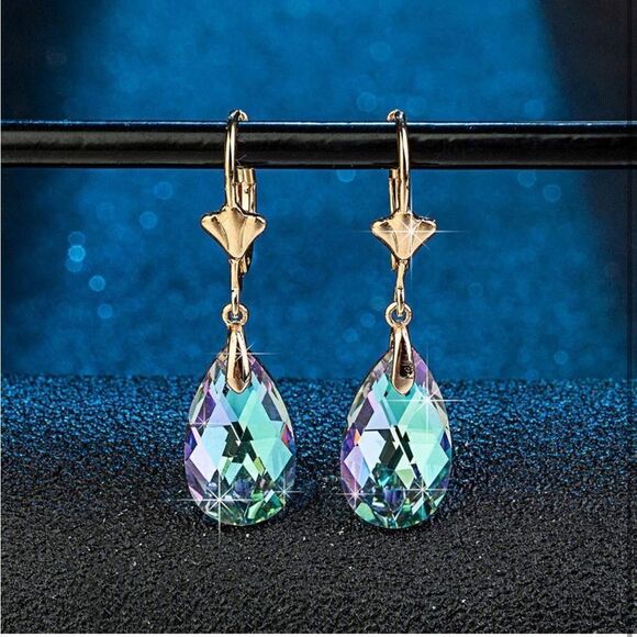 14K Yellow Gold with Vitrail Light Austrian Crystal Teardrop Leverback Earrings - Picture 4 of 6
